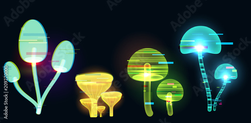 Futuristic digital vector 3d hologram mushroom on black background. Modern illustration in tv glitch distorted style.