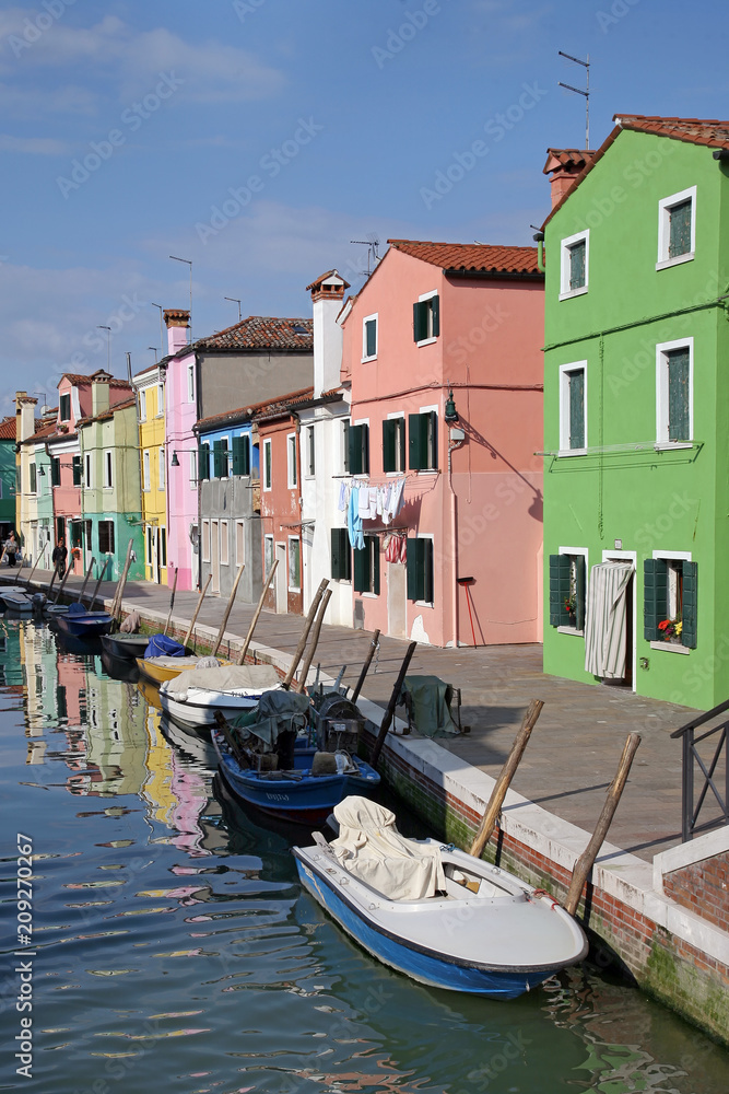 BURANO, ITALY - APRIL 08, 2018: colorful houses in the island of Burano, may 08, 2010 in Burano, Venice, Italy