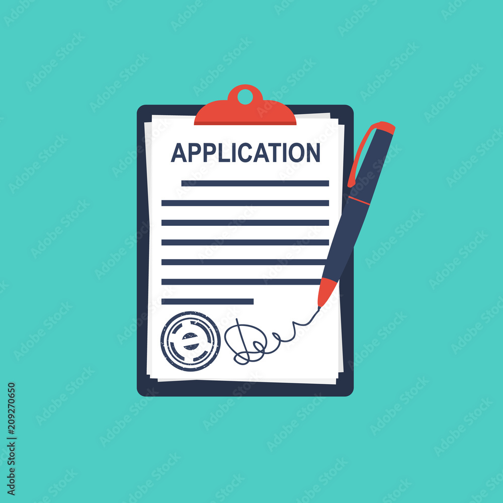Application form. Clipboard fills in the form of employment with pen. Write documents. Vector illustration in flat design style. Isolated on background. Application form. Clipboard fills in the form of employment with pen. Write documents. Vector illustration in flat design style. Isolated on background.
