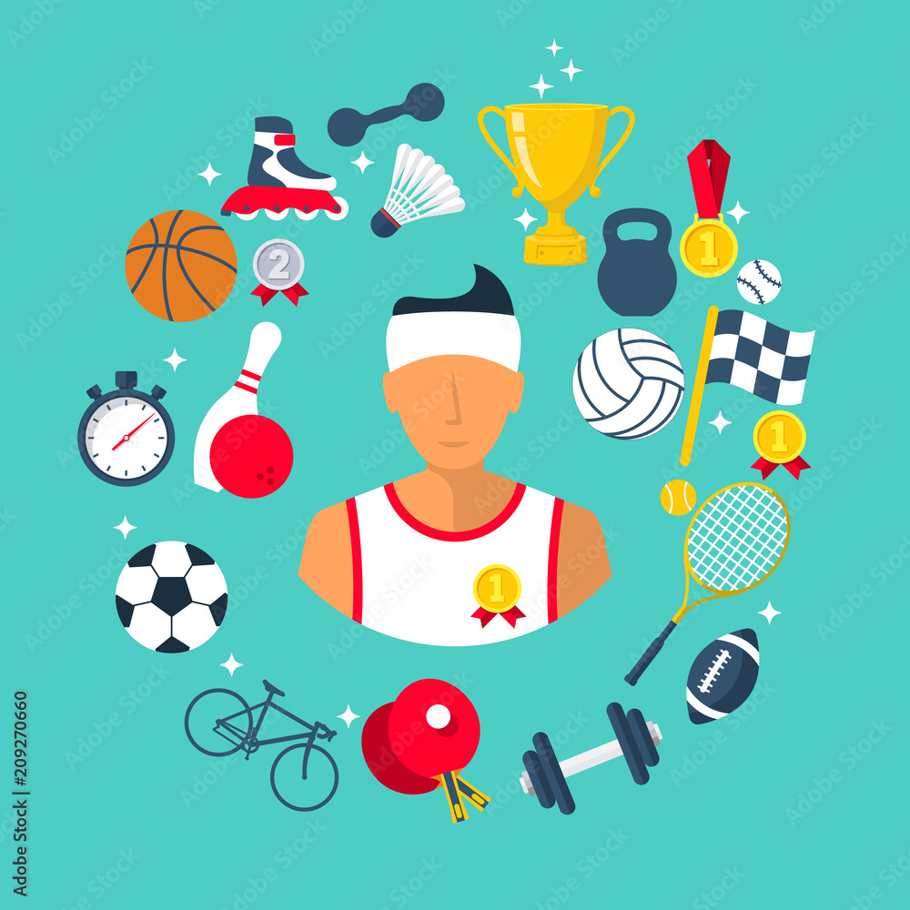 Athlete icon sports items. Sports abstract background. Flat style. Vector  illustration cartoon design. Isolated on white background. Football  basketball volleyball tennis medal cup bike weightlifting. Stock Vector