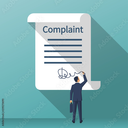 Complaint concept. Man wrote a complaint. Vector illustration flat design. Measures to solve problems. Claim petition. Sign the document on the application.
