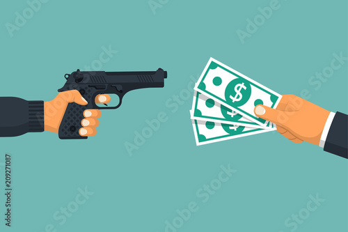 Criminal threatening gun extorts money from the victim. Robbery concept. Bandit with a gun.Money in hand. Vector illustration flat design.Isolatedonwhitebackground. Theftofcash.