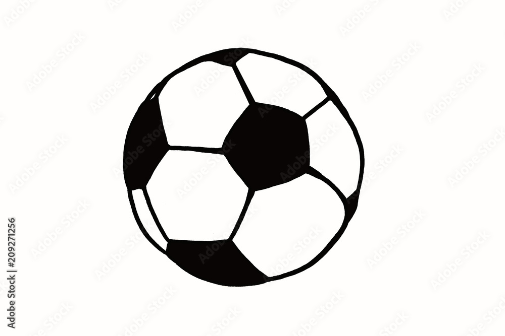 Soccer ball hand drawn simple illustration, black ball on white isolated. Football world cup icon sketch or drawing in doodles style. Sport art icon illustration. Soccer tournament