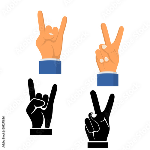 Two fingers up black icon isolated on white background. Silhouette symbol peace. Sign pictogram victory. Vector illustration flat design. Set icons gesture hand.
