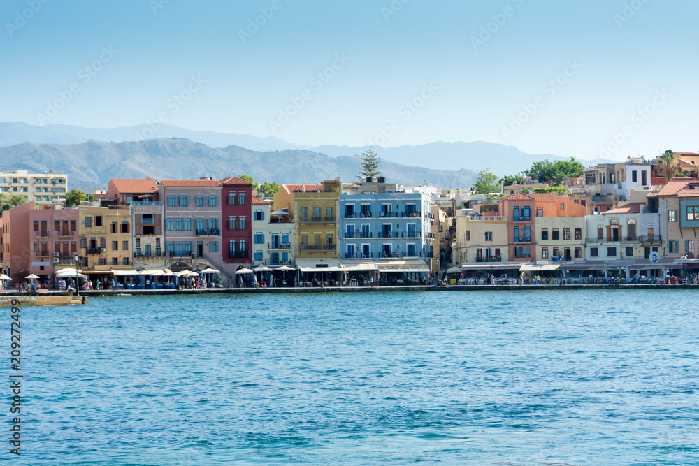 Venetian houses on the port promenade in Chania, Crete