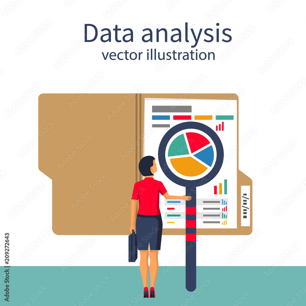 Data analysis. Businesswoman is studying statistical datawith charts ...