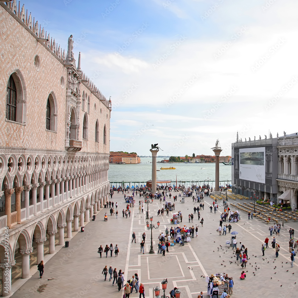 Doge`s Palace (Palazzo Ducale) in Venice, Italy. Doge`s Palace is one of the main travel attractions of Venice. Old architecture of Venice. Historical landmarks in Venice. Walk in the Palazzo Ducale.