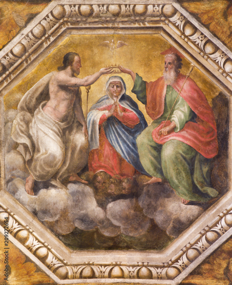PARMA, ITALY - APRIL 17, 2018: The detail of fresco of Coronation of Virgin Mary on the celing of church Chiesa di Santa Maria degli Angeli by Giovanni Maria Conti and Pier Antonio Bernabei (1620).