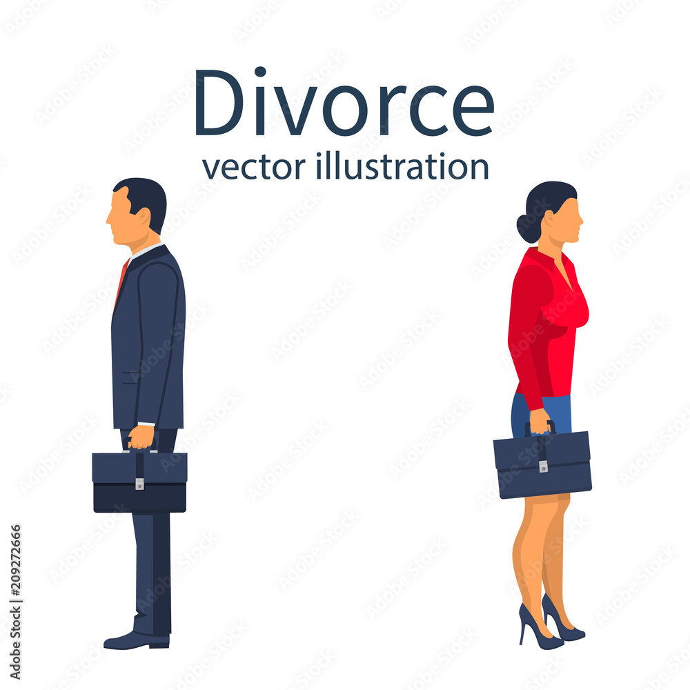 Obraz premium Divorce concept. Breakup concept. A man and a woman go in different directions. Crisis relationship divorce. Unhappy love, conflict. Vector illustration flat design.