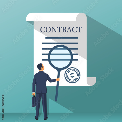 Businessman holding magnifying glass, studying terms of agreement. Signing business document. Inspection legal paper. Successful deal. Vector illustration flat design. Isolated on background.