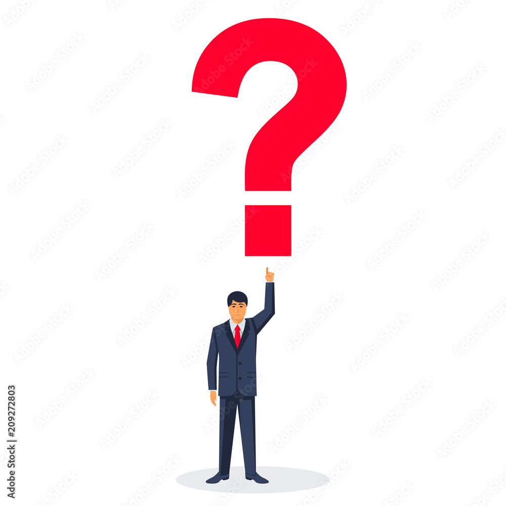 Person points to a big question mark. What's next concept. Vector illustration flat design. Isolated on white background. Person points to a big question mark. What's next concept. Vector illustration flat design. Isolated on white background.