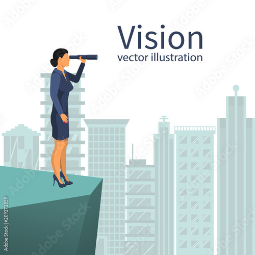 Businesswoman looking on telescope standing on background big city. Vector flat design. Business challenge search way to success goal. Visionary concept. Symbol leadership.