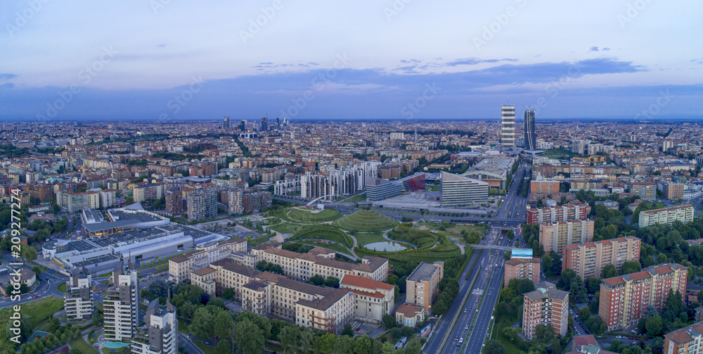 Aerial view of Milan at evening, Italy.