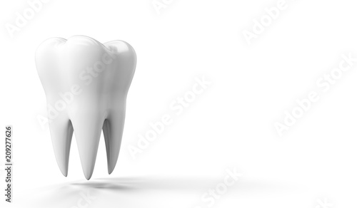 Photo-realistic illustration of a white tooth - isolated icon. Tooth isolated on white background. 3D render. Dental, medicine, health concept banner with place for text
