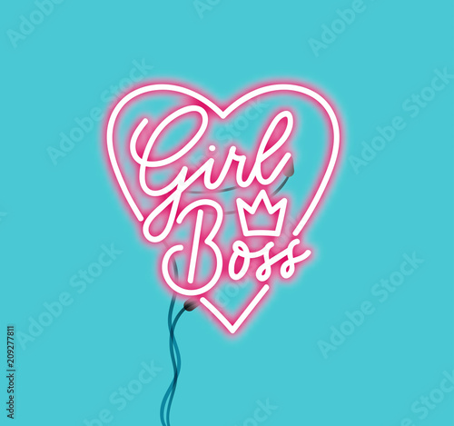 Girl boss pink neon sign isolated on blue background. Realistic neon lettering sign for female boss. Vector illustration.