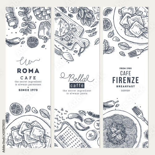 Italian food vertical banner set. Spagetti and ravioli. Engraved style illustration. Hero image. Vector illustration