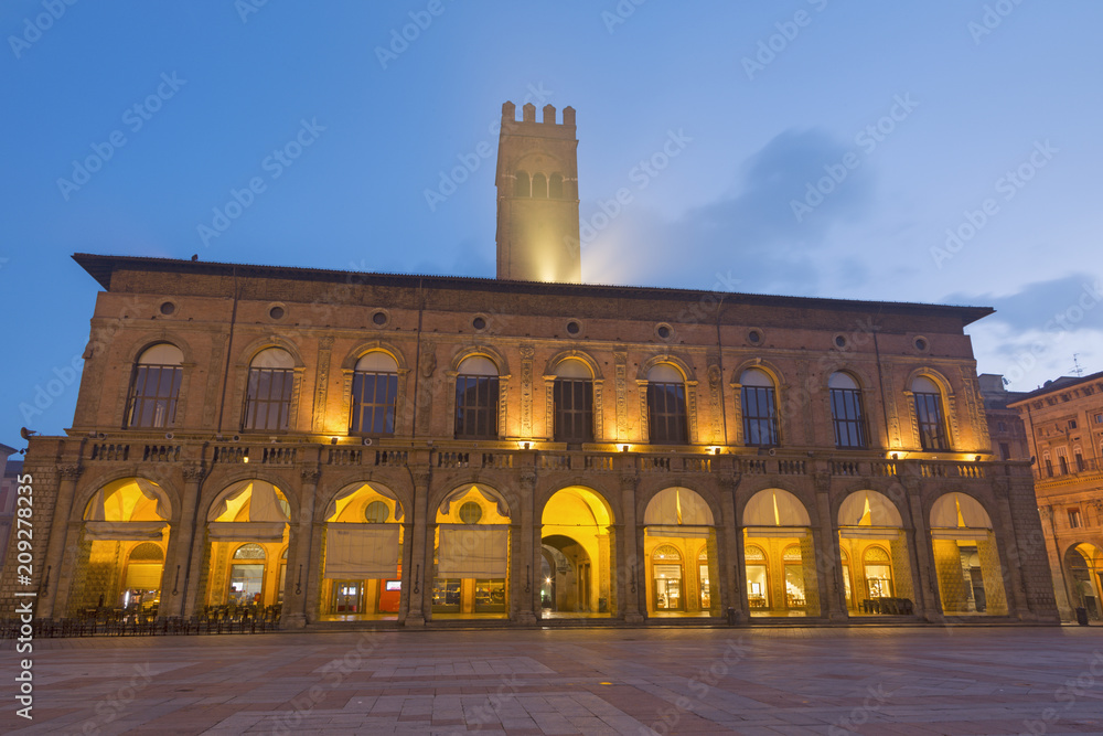 Bologna - The palace Palazzo del Podesta at dusk.