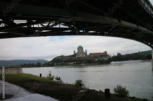Maria Valeria bridge and Esztergomi basilica from Slovak side, Danube river, Esztergom/Ostrihom, Slovakia photo