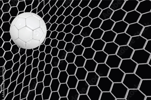 Vector Realistic soccer ball or football ball in net on black background. 3d Style vector Ball