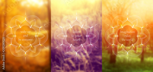 Set of three template for card or poster, vertical format; Spiritual sacred geometry on blurred background with place for your text; "Flower of life" and lotus; Yoga, meditation and relax.