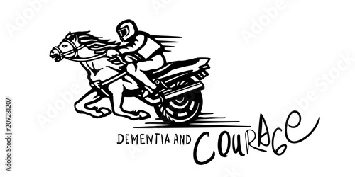 Vector emblem with a rider on a horse, motorbike and inscription.