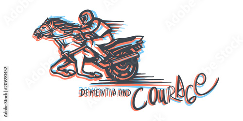 Vector emblem with a rider on a horse, motorbike and inscription.