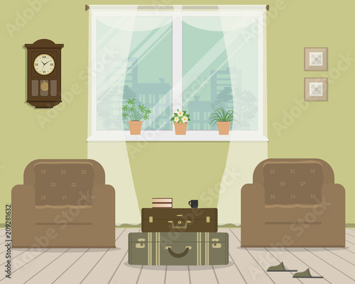 Green living room in retro style. There are brown armchairs, a table in the form of a suitcases in the picture. There are indoor flowers on the windowsill. There are also a wall clock here. Vector