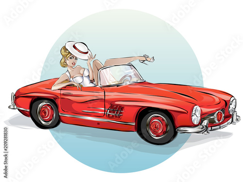 Pin up sexy woman in retro red car, pop art girl with cabriolet, pin-up summer vacation vector illustration art