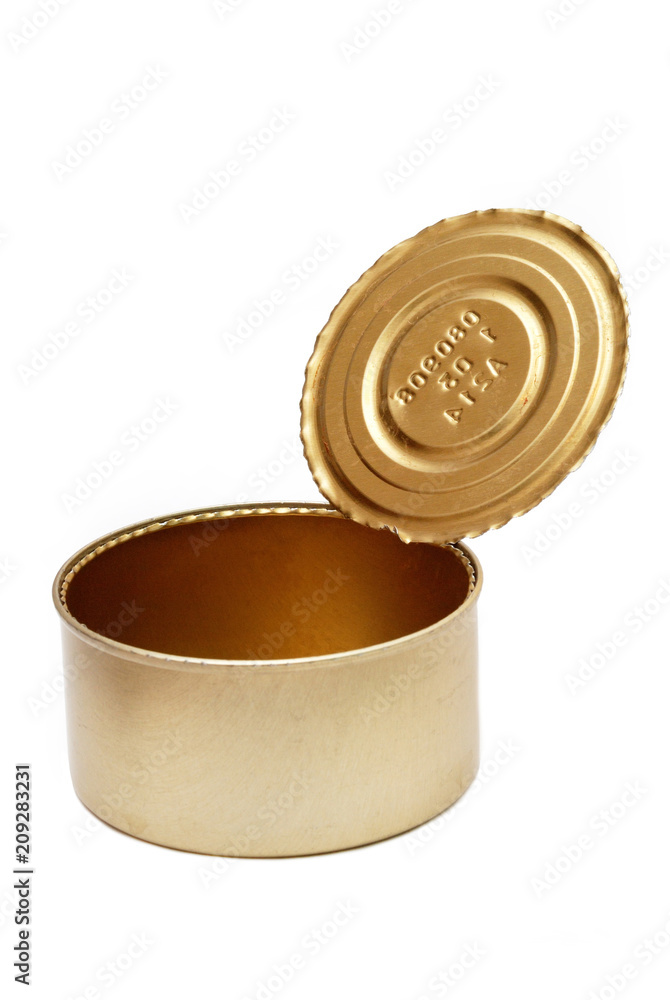 empty yellow tin can with open lid on white background empty yellow tin can with open lid on white background
