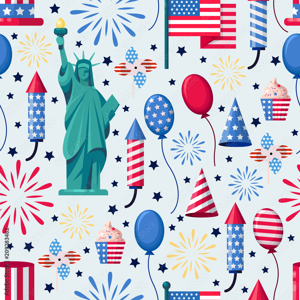 Obraz premium USA holiday seamless white pattern. Vector print background. American national symbols, celebration Independence Day