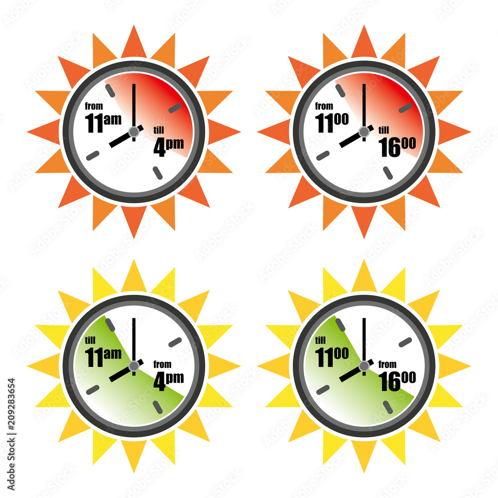 Safe and dangerous sun hours for sunbathing icon set. Vector