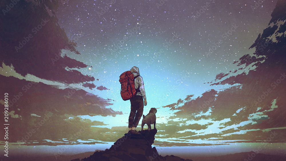young hiker with backpack and a dog standing on the rock and looking at stars in the night sky, digital art style, illustration painting - obrazy, fototapety, plakaty 