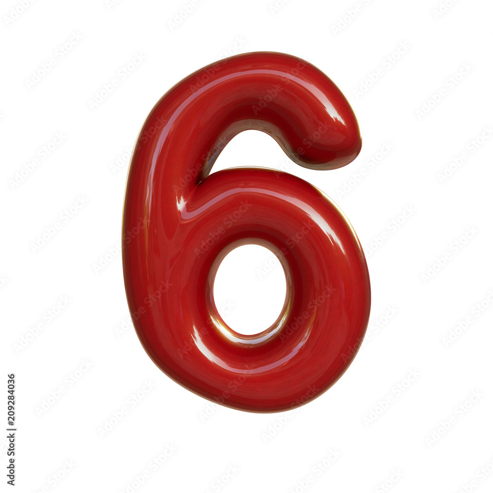 Glossy red number six, 6. 3D render of bubble font isolated on white background Glossy red number six, 6. 3D render of bubble font isolated on white background