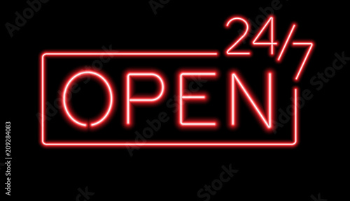 Red sign Open 24/7 hours neon lights for night club or bar. photo