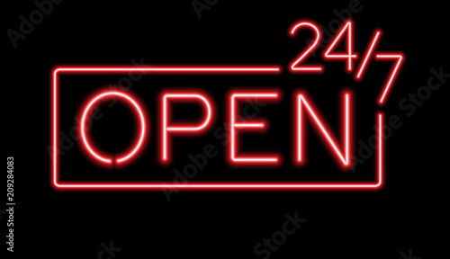 Red sign Open 24/7 hours neon lights for night club or bar.