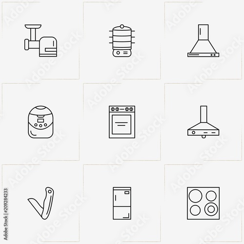 Kitchen Application line icon set with kitchen aspirator , pocket knife and refrigerator