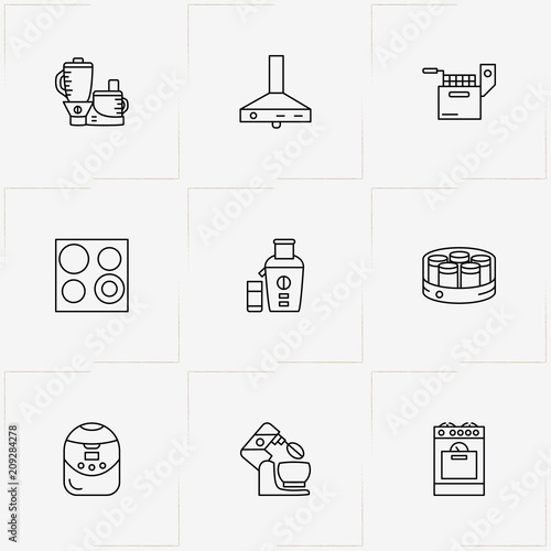 Kitchen Application line icon set with kitchen aspirator , fryer and mixer