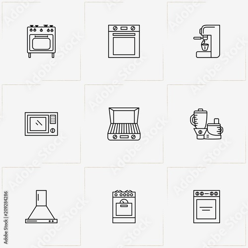 Kitchen Application line icon set with stove , kitchen aspirator  and juicer