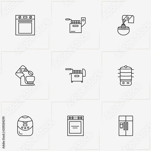 Kitchen Application line icon set with multicooker , stove  and mixer