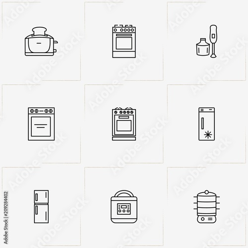 Kitchen Application line icon set with refrigerator, mixer  and toaster