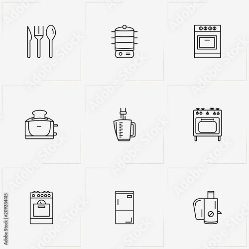 Kitchen Application line icon set with gas stove , stove  and blender