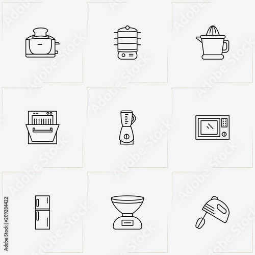 Kitchen Application line icon set with kitchen scales , multicooker  and toaster
