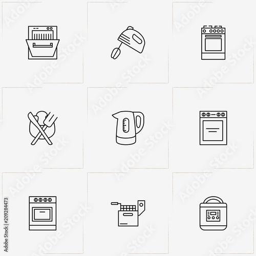 Kitchen Application line icon set with electrice kettle, fryer and cooking