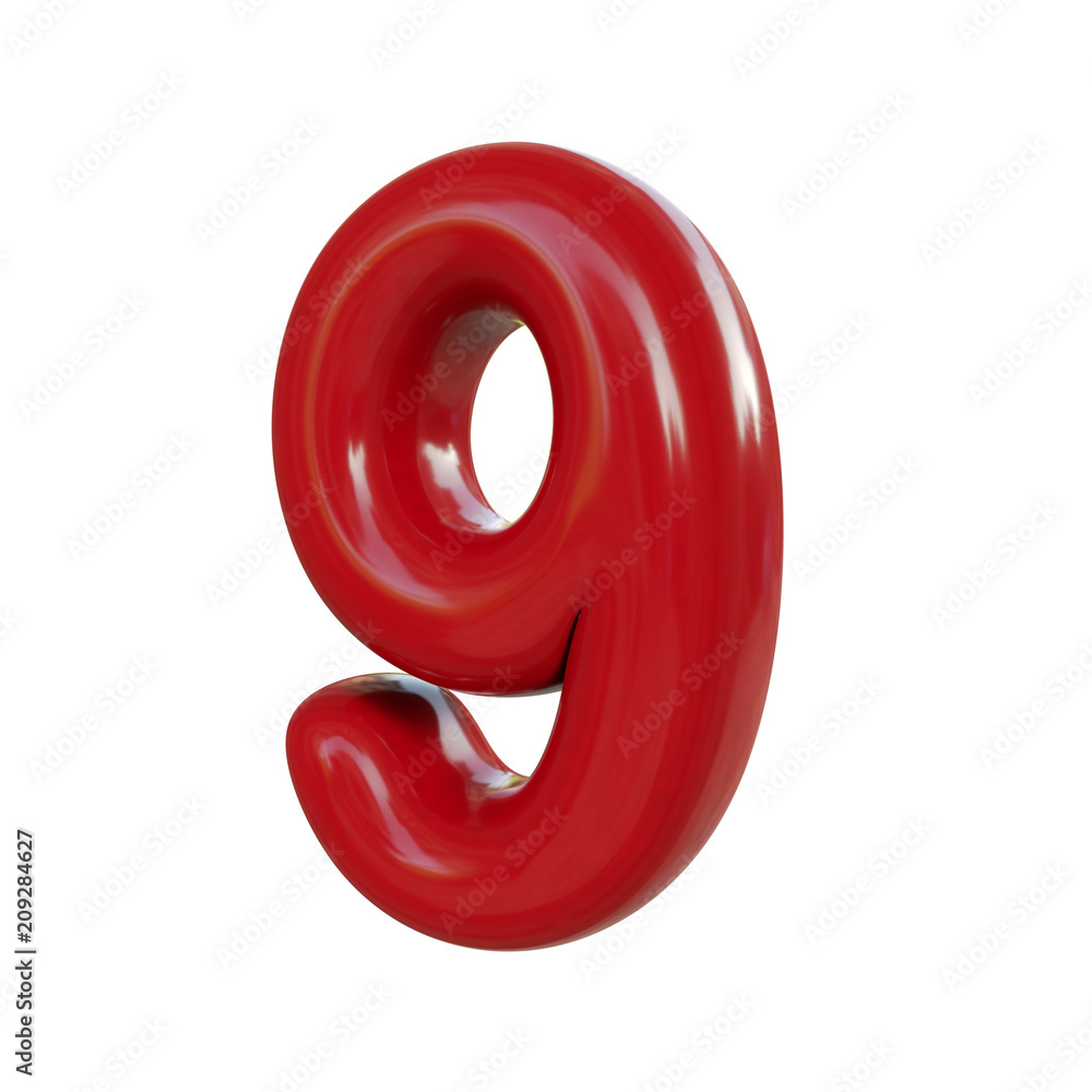 Glossy red number nine, 9. 3D render of bubble font isolated on white background Glossy red number nine, 9. 3D render of bubble font isolated on white background