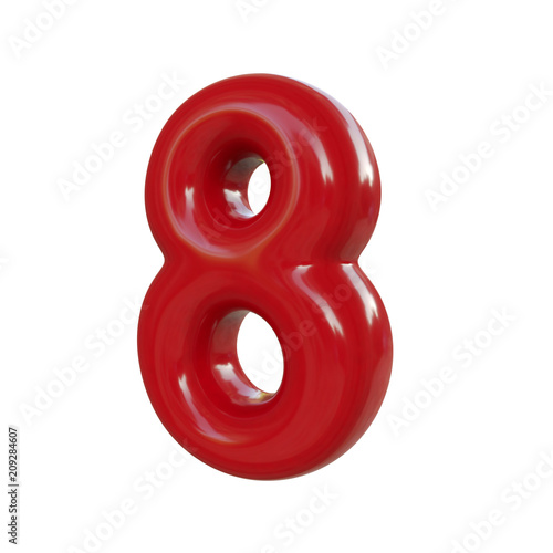 Glossy red number nine, 9. 3D render of bubble font isolated on white background