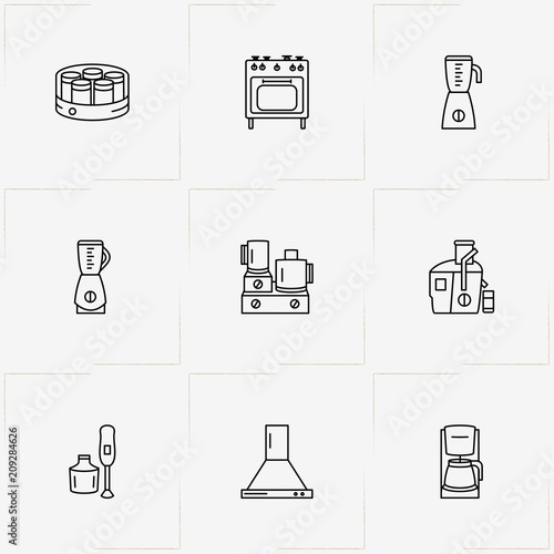 Kitchen Application line icon set with kitchen aspirator , juicer and blender