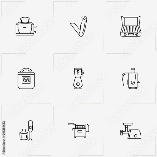 Kitchen Application line icon set with juicer, fryer and pocket knife