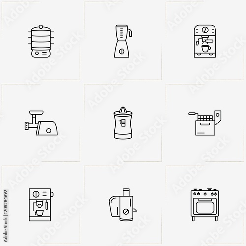Kitchen Application line icon set with meat grinder, multicooker  and fryer