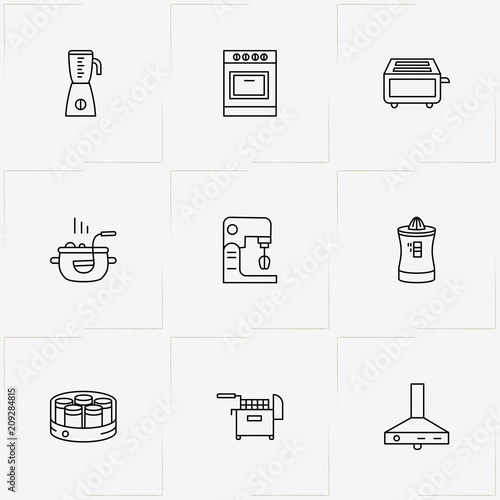 Kitchen Application line icon set with kitchen aspirator , fryer and toaster