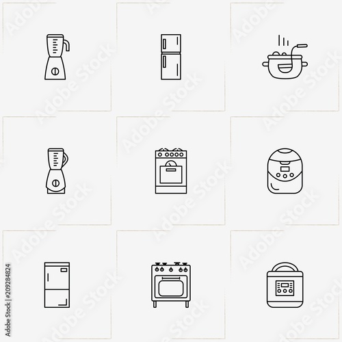 Kitchen Application line icon set with gas stove , refrigerator and cooking